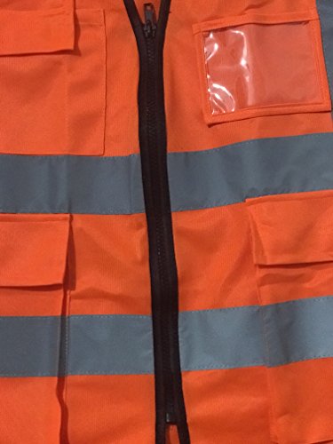 Orange high-visibility vest with reflective stripes and a closed zipper.