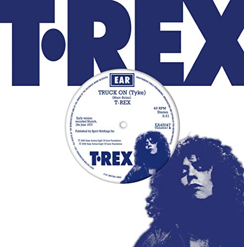 T. Rex Truck On vinyl record label featuring Marc Bolan on a blue background.