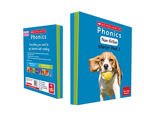 Stack of blue phonics starter pack books with a dog illustration.