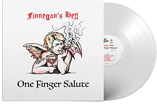 White vinyl record with illustration of cherub giving the middle finger.