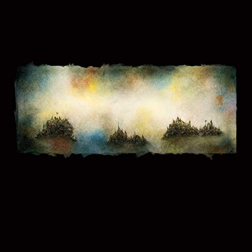 Abstract painting of three islands with textured, muted colors.