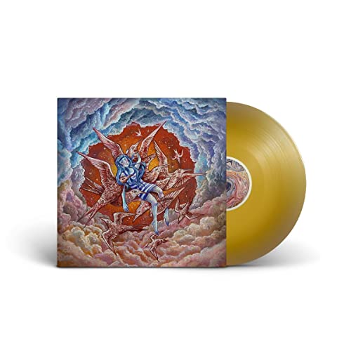 Vinyl record with album art depicting a figure amidst birds and clouds.