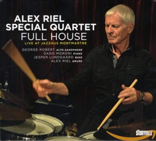 CD cover featuring drummer Alex Riel with drumsticks and band details.