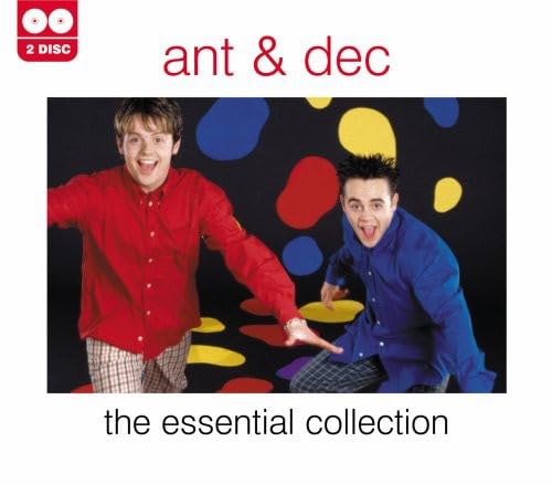 Ant & Dec smiling on CD cover with colorful spots background.