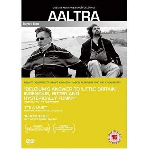 DVD cover for "Aaltra" featuring three men with a motorcycle.