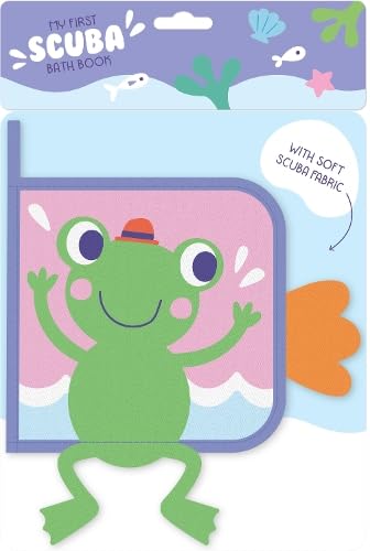Soft bath book featuring a smiling green frog with orange fins.
