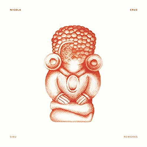 Red-toned illustration of a stylized, seated figure with large ear spools.