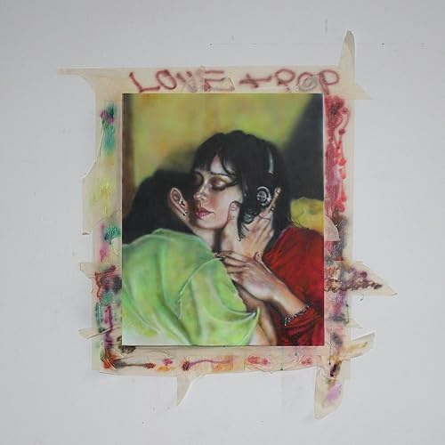 Painting of two people embracing, framed by torn, taped paper.