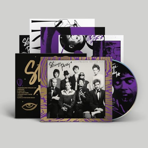 CD case with band photo, accompanying disc, and purple and black artwork prints.