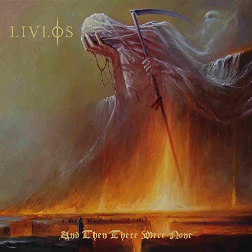Painting of a cloaked figure with a scythe against a fiery background.