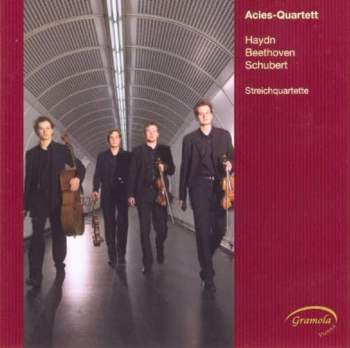 CD cover featuring the Acies Quartet, four musicians with string instruments.