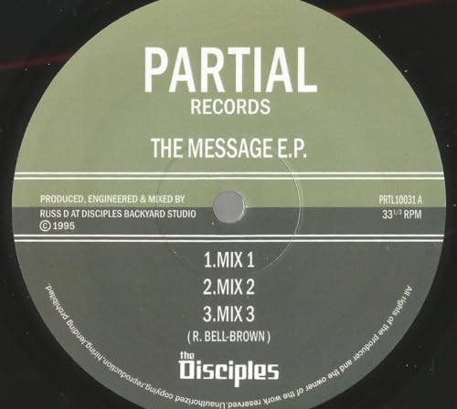 Vinyl record label for “The Message E.P.” by The Disciples, 1995.