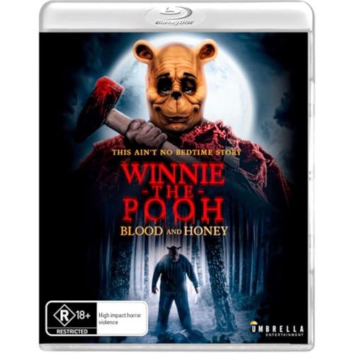 Blood and Honey" Blu-ray cover featuring a menacing, bloodied Winnie-the-Pooh.
