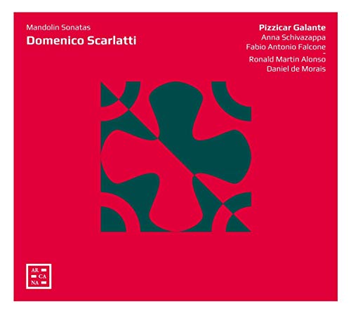 Red CD cover with abstract green shapes and text: Scarlatti Mandolin Sonatas.