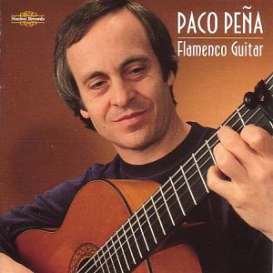 Paco Pena portrait with a flamenco guitar, album cover image.