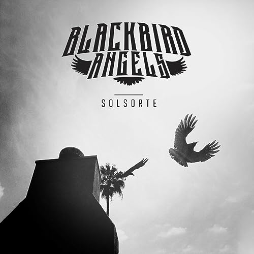 Black and white CD cover with birds in flight and a statue.