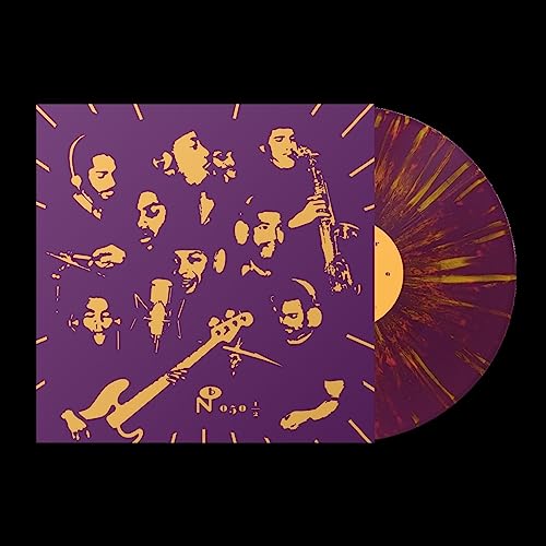 Vinyl record with abstract yellow figures on purple, marbled brown detail.