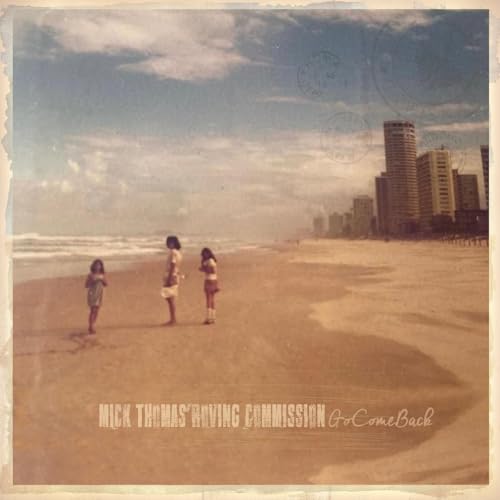 CD cover: beach scene with three figures and distant city skyline.