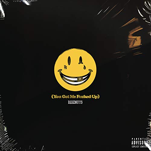 Black album cover with a yellow smiley face and text details.