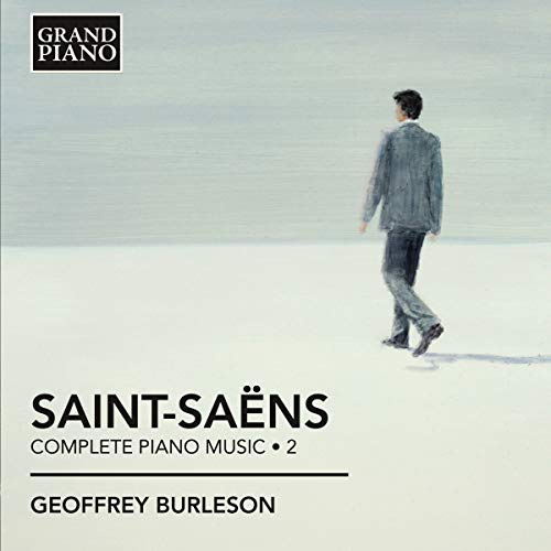 CD cover: man walking towards piano with “Saint-Saëns” text.