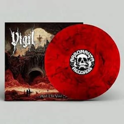 Red vinyl record with skull label, next to album cover art.