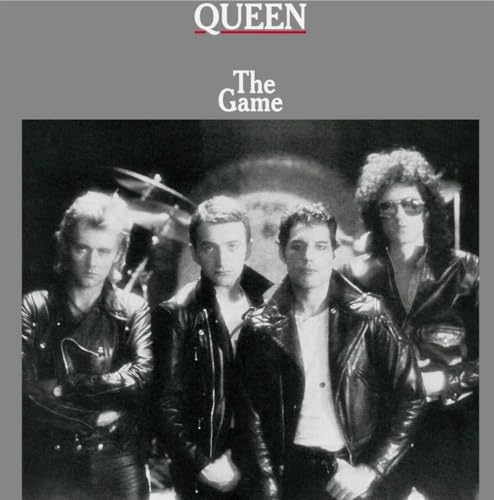 Queen band members in leather jackets on album cover, grayscale.
