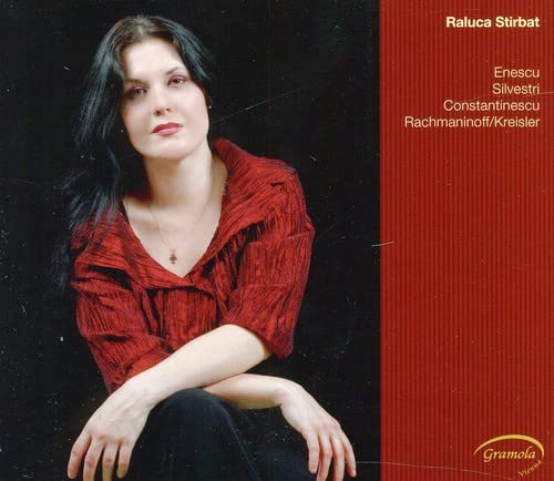 CD cover featuring pianist Raluca Stirbat in a red shirt.