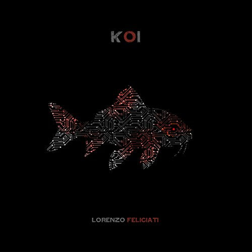 Black background with a white, circuit-patterned koi fish and text.