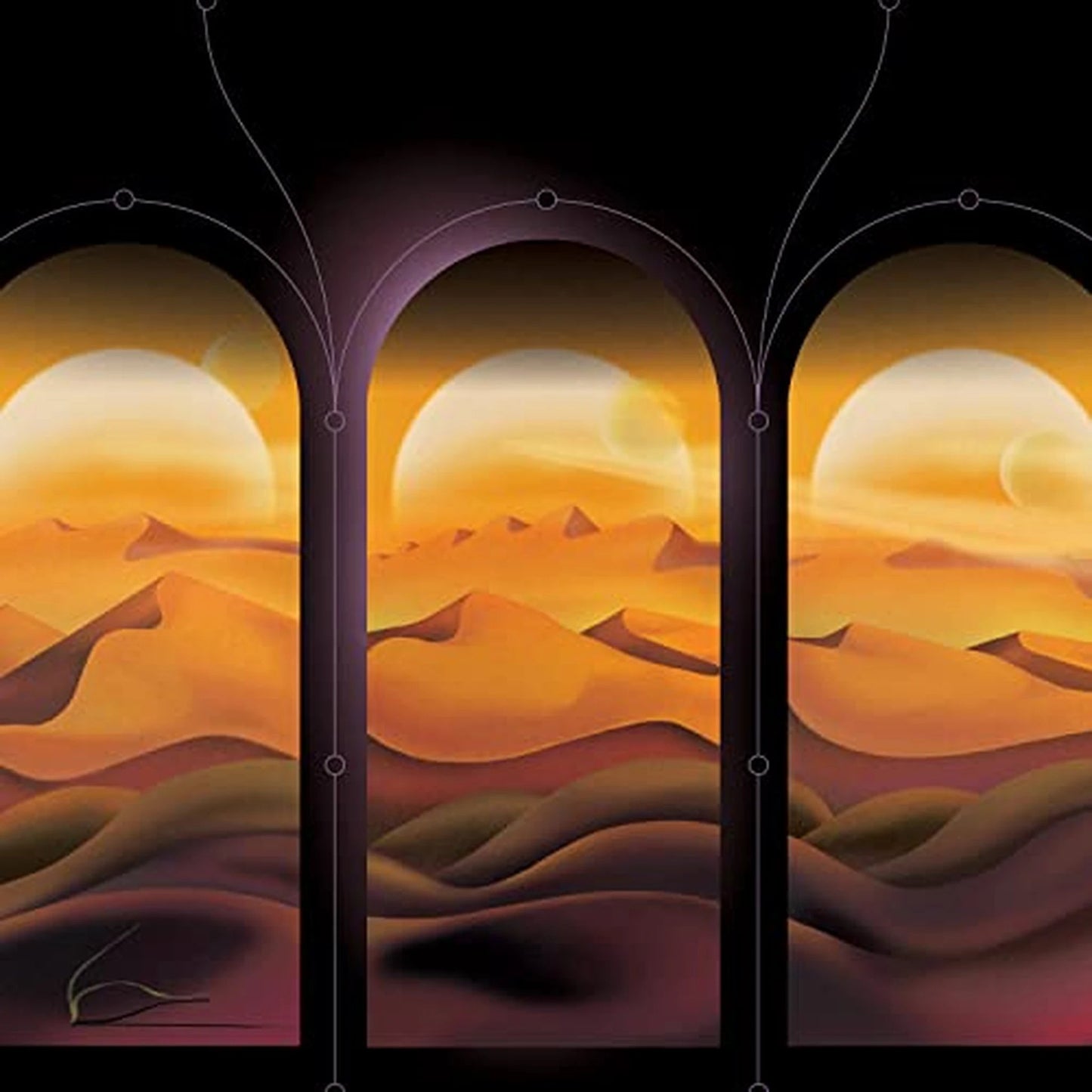 Album cover with three arched windows showing a surreal desert landscape at sunset.