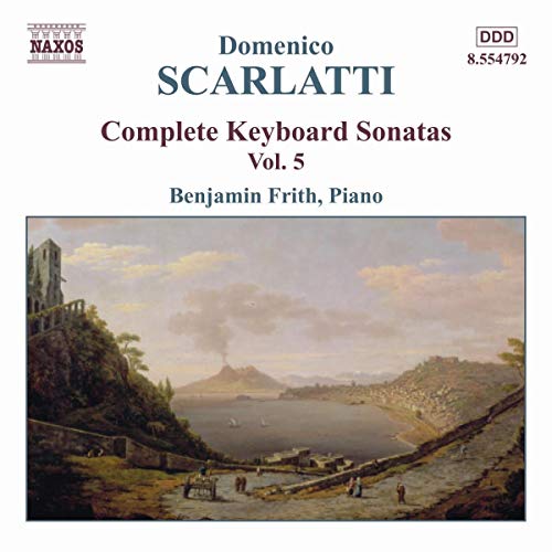 CD cover for Scarlatti keyboard sonatas, volume 5, with coastal landscape.