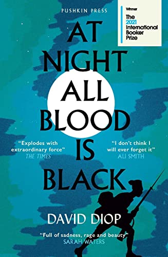 Book cover for At Night All Blood Is Black with a soldier silhouette.