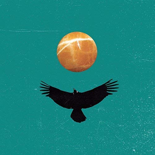 Black bird silhouetted against a teal background with an orange orb.