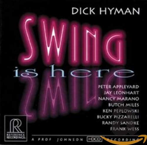 CD cover for Dick Hyman’s “Swing Is Here” with pink neon text.