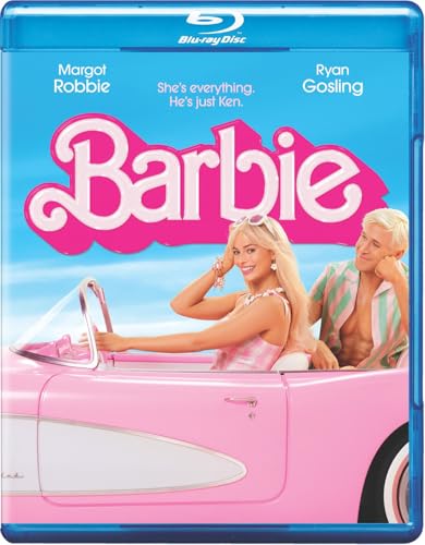 Barbie" Blu-ray cover featuring Margot Robbie and Ryan Gosling in a pink car.