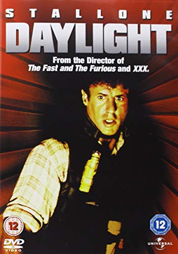 Sylvester Stallone on the cover of the Daylight DVD with a red background.