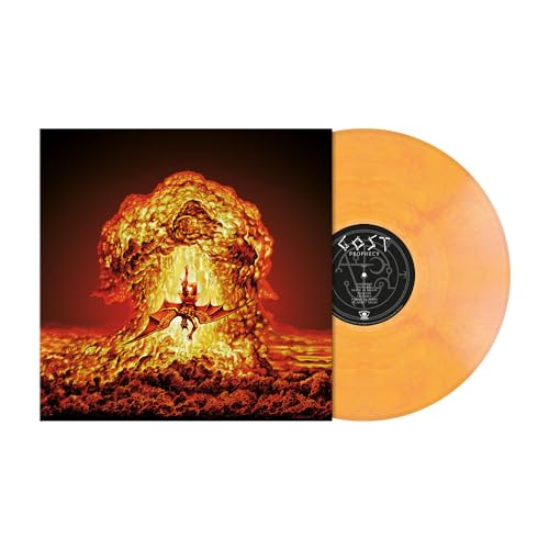 Ghost's "Prophecy" vinyl record with orange disc and fiery album art.