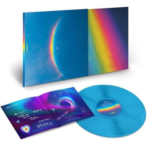 Coldplay "Moon Music" vinyl record and gatefold sleeve with blue and rainbow design.