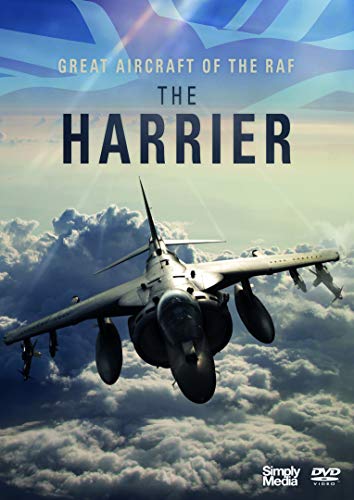 A Harrier jet flying above clouds with a Union Jack flag in the background.