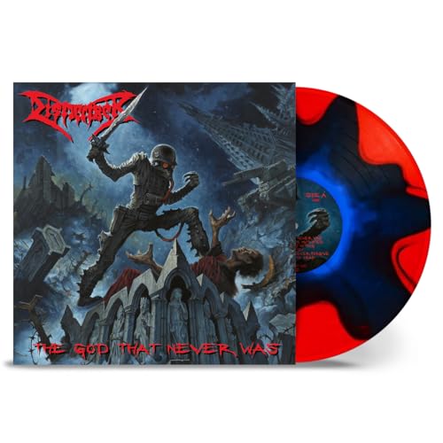Dismember vinyl album cover showing a soldier with a sword and red-blue marbled disc.