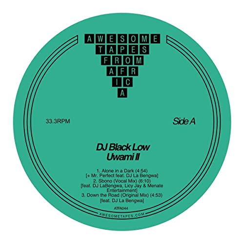 Teal vinyl record label for DJ Black Low Uwami II with tracklist and logo.