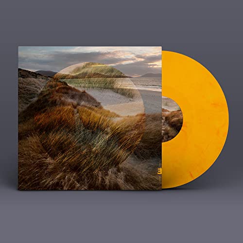 Vinyl record with golden-yellow disc and landscape album art.