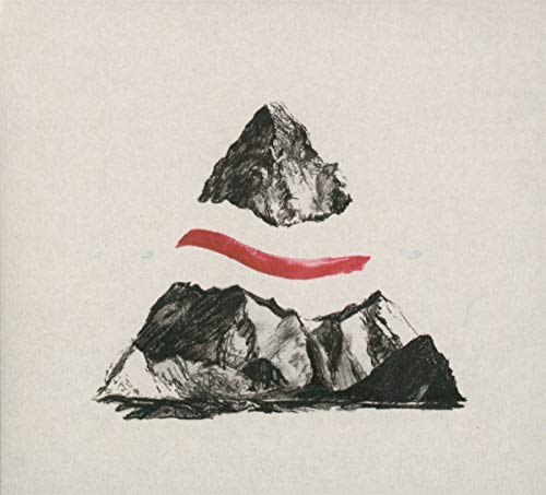 CD cover with sketched mountains, a red line, and floating rocks.