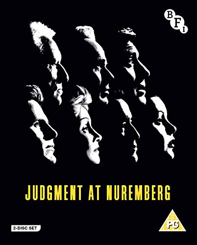 Black and white faces in profile, "Judgment At Nuremberg" Blu-ray cover.
