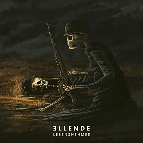 Two skeletons in military helmets, one kneeling with a rifle, on a dark battlefield.