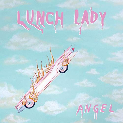 CD cover: pink text, burning car illustration, light blue sky background.