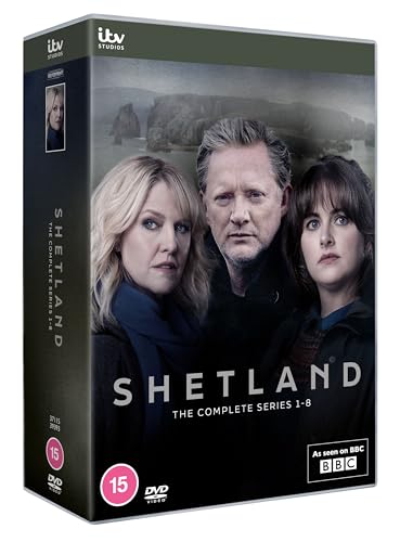 DVD box set cover for Shetland Series 1-8 featuring three cast members against landscape.