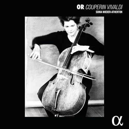Cellist Sonia Wieder-Atherton in black, holding a bow, album cover.