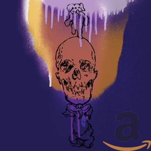 Skull with dripping paint and a small figure, purple and orange tones.