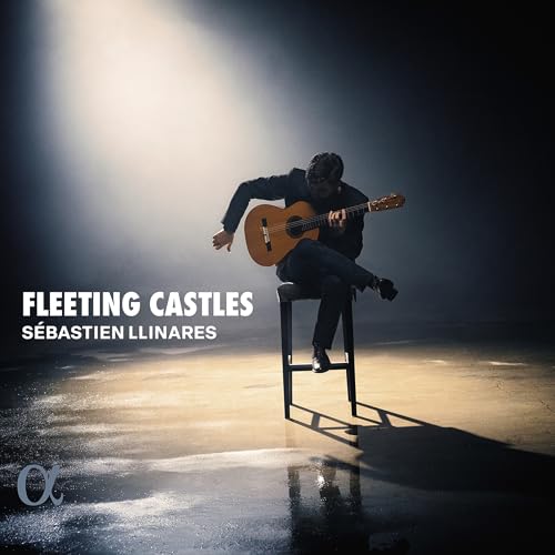 Man playing acoustic guitar on a stool, album cover for “Fleeting Castles.”