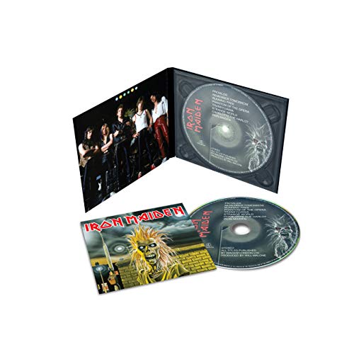 Open Iron Maiden CD case with band photo and silver disc visible.